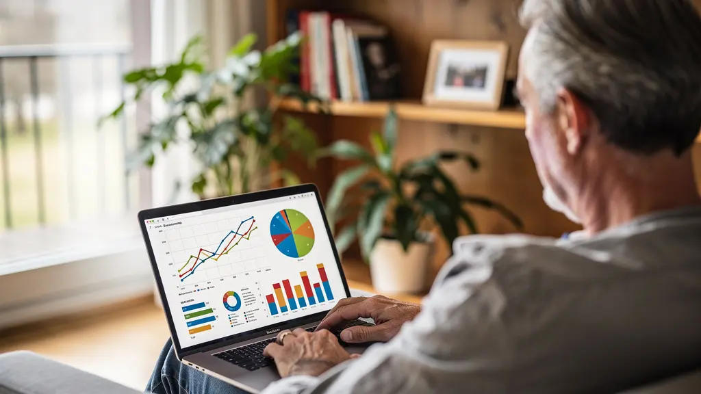 Person analysiert Immobilienmarktdaten auf Laptop in modernem Schweizer Wohnzimmer