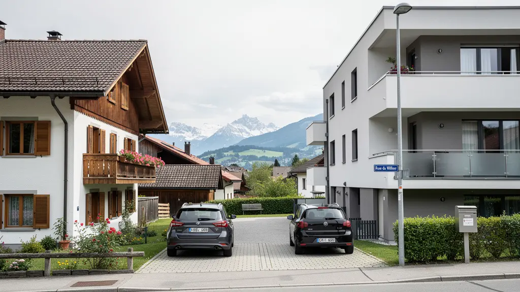Typisches Schweizer Einfamilienhaus neben modernem Mehrfamilienhaus in Vorstadtlage