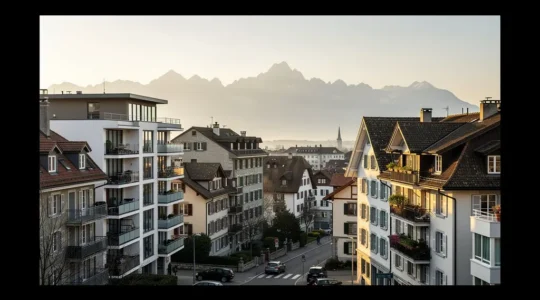 Panoramablick über Schweizer Wohngebäude mit Blick auf Zürich oder Bern im sanften Morgenlicht