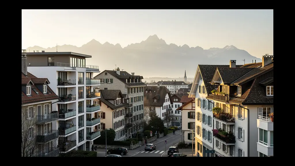 Panoramablick über Schweizer Wohngebäude mit Blick auf Zürich oder Bern im sanften Morgenlicht