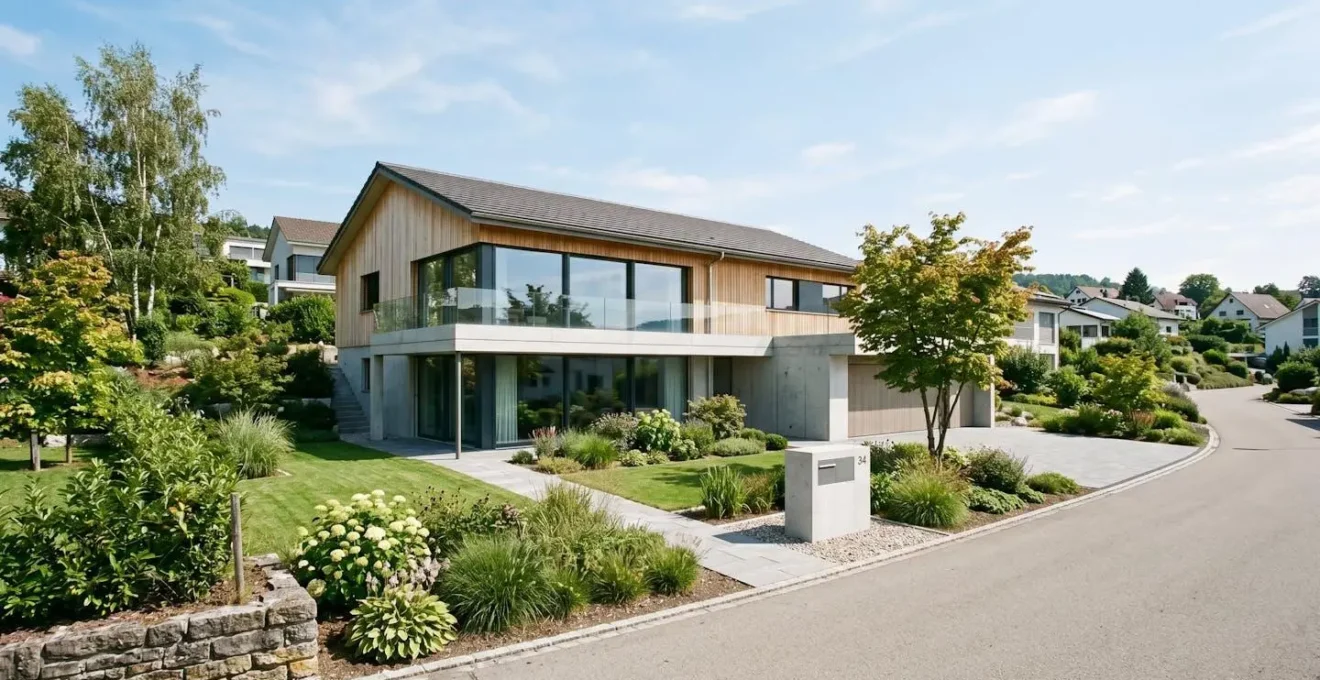 Moderne Schweizer Einfamilienhausarchitektur mit gepflegtem Garten in typischer Aargauer Wohngegend, heller Himmel, Weitwinkelaufnahme ohne sichtbare Personen