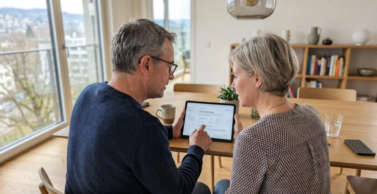 Ein Schweizer Paar in den Fünfzigern sitzt an einem modernen Esstisch und betrachtet gemeinsam ein Tablet mit verschwommenen Immobiliendaten, natürliches Tageslicht durch grosse Fenster