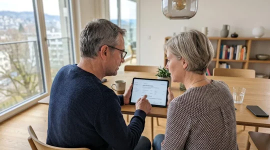 Ein Schweizer Paar in den Fünfzigern sitzt an einem modernen Esstisch und betrachtet gemeinsam ein Tablet mit verschwommenen Immobiliendaten, natürliches Tageslicht durch grosse Fenster